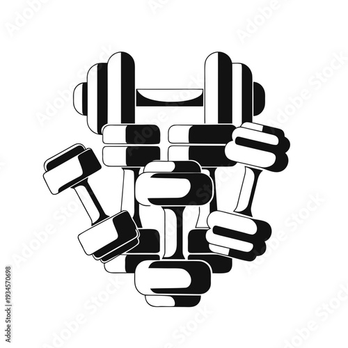 A black and white image of dumbbells in various positions