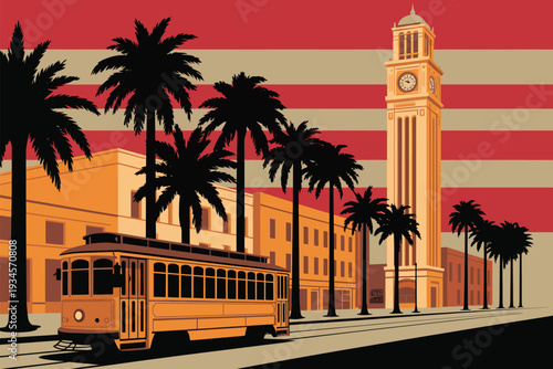 Art Deco Street Illustration, Highlighting 1920s Style Clock Tower, Palm Silhouettes and Retro Streetcar Scene