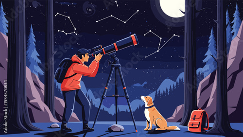Man using a telescope to observe stars and constellations at night in a forest with his dog for an astronomical exploration.