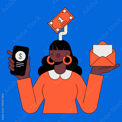 A woman thinking about money while holding a phone and an envelope