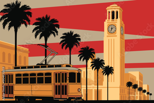 Art Deco Street Illustration, Featuring Vintage Orange Trolley and Tall Clock Tower Under Red Striped Sky