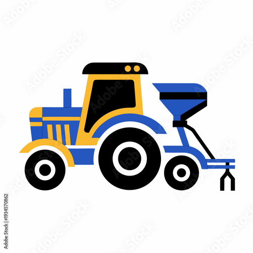 A blue and yellow tractor with a fertilizer spreader