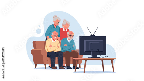 Group of elderly people sitting together on a sofa and watching television together in a retirement home setting.
