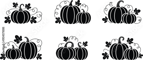 Black and white pumpkin silhouette set with leaves and vines autumn harvest illustration decorative fall seasonal clipart collection