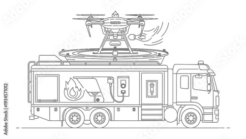 Drone and Truck Innovation: A meticulously crafted illustration showcases a drone poised for launch atop a specialized truck, symbolizing the synergy of technology and logistics.