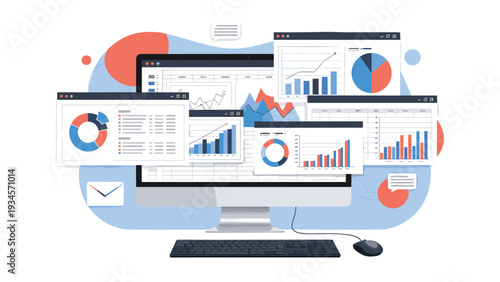 Professional computer screen displaying multiple windows with business data, pie charts, bar graphs, and analytics for management.