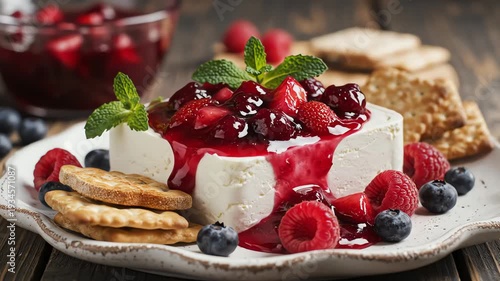 Gourmet cheese with berry compote and crackers close up