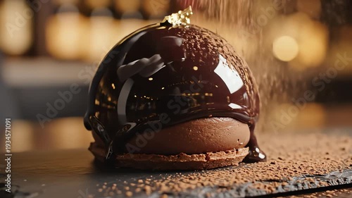 Gourmet chocolate dessert with golden leaf detail on black slate surface