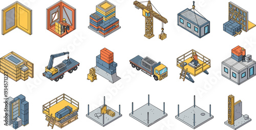 Isometric Construction and Building Process Icon Set with Crane Concrete Foundation Modular House and Industrial Equipment Flat Vector Collection