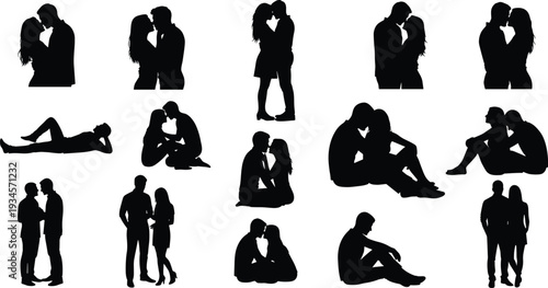 Romantic couple silhouette set, love poses vector collection, intimacy illustration, affection, relationship, kissing, romantic art