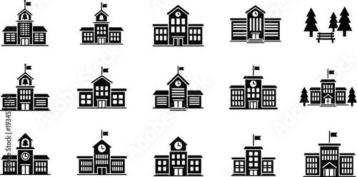Set of school building icons and university education silhouettes including high school campus government architecture and primary college academic institution symbols