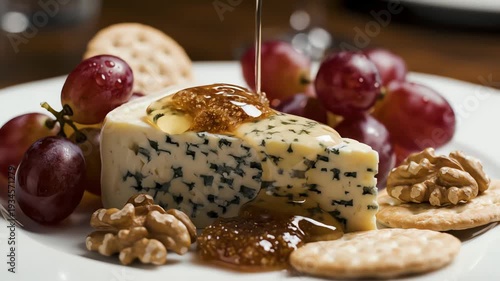 Gourmet food arrangement with cheese grapes and nuts