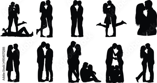 Romantic couple silhouettes, love poses collection, man and woman kissing, relationship romance, passion illustration, Valentine's day concept, affection art, intimacy