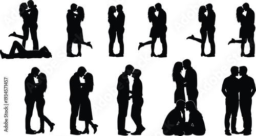 Romantic couple silhouettes, love poses collection, kissing illustration, passion art, relationship concept, intimacy design, affection vector