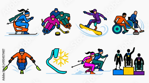 Vibrant Paralympic icon set featuring athletes competing in ice hockey, biathlon, alpine skiing, snowboard, and wheelchair curling events.
