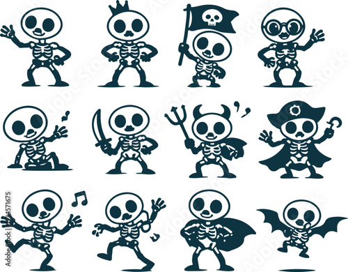 Vector art of vector silhouette of skeleton characters in various poses and costumes