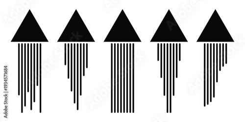 Minimalist monochrome vector design elements featuring solid black triangles with vertical trailing lines representing upward motion, speed, and geometric progress icons.