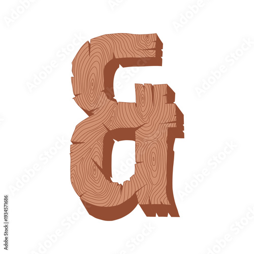 Realistic 3D wooden ampersand (&) sign with natural wood grain texture. Isolated on white background. Ideal for rustic branding, eco-friendly designs, and nature-themed typography projects. 3D Wooden 