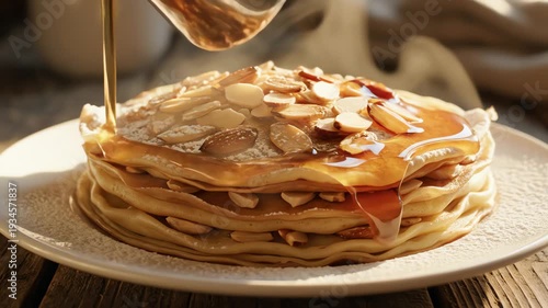 Stack of pancakes with almonds and powdered sugar on plate