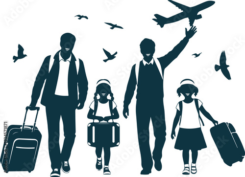 Vector art of family walking to airplane with luggage