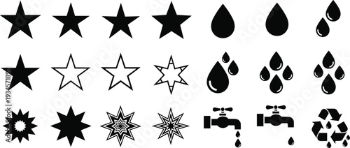Collection of black star shapes water drop icons and plumbing faucet symbols with recycle sign for environmental conservation and rating design
