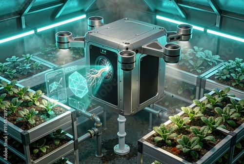Autonomous orbital drone secures a smart agriculture compute enclave above hydroponic towers.