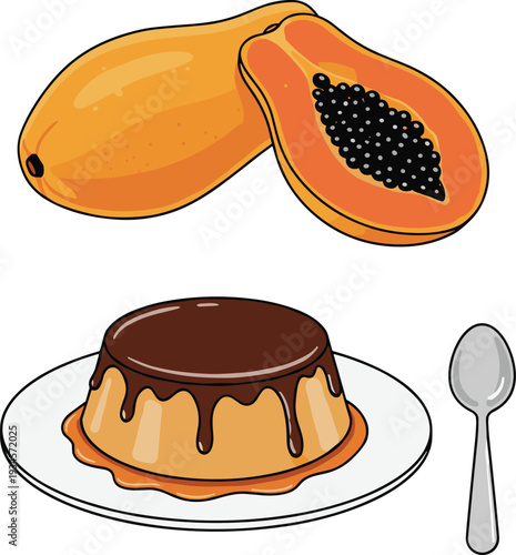 Hand drawn tropical dessert vector featuring fresh papaya fruit and caramel pudding on a plate with spoon for catering