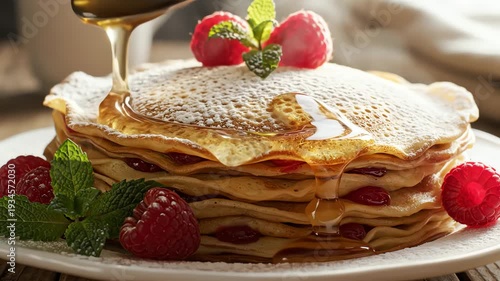 Stack of pancakes with berries and powdered sugar on white plate