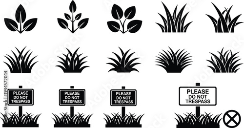 Black silhouette vector icons set of garden grass leaves and please do not trespass warning signs for private property landscape.