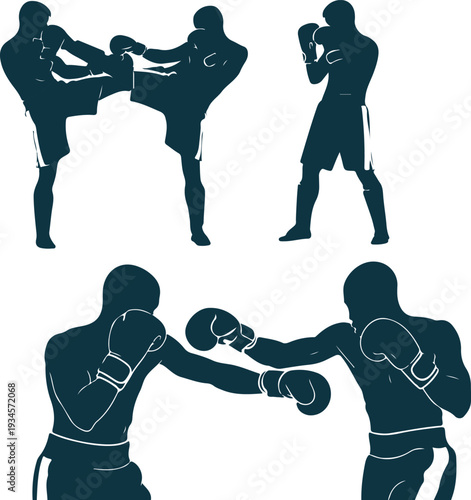 Vector art of silhouette of boxers in various fighting poses