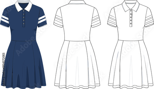 Navy blue and white polo dress with stripes navy blue dress white collar white stripes short sleeves