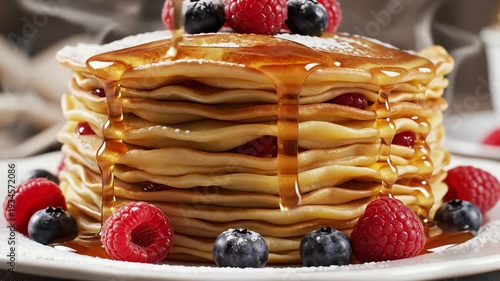 Stack of pancakes with berries and syrup closeup on a white plate