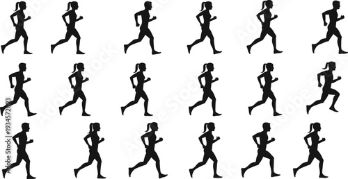 Running silhouette collection featuring men and women jogging, fitness exercise poses, athletic movement sequence, sports activity vector illustration set