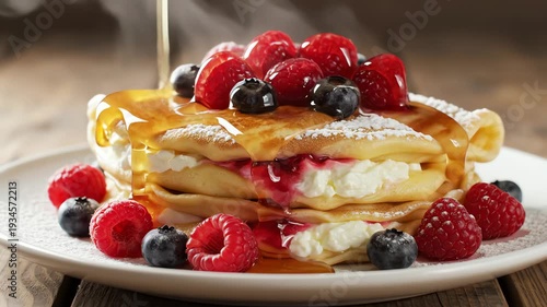Stack of pancakes with berries and syrup
