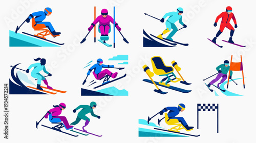 Icon set of paralympic alpine skiing athletes in action on snow-covered slopes featuring adaptive athletes with prosthetic limbs