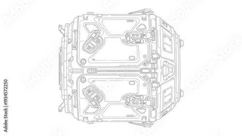 Futuristic Technological Cube Design: A detailed technical illustration of a complex, geometric cube, likely representing advanced technology.