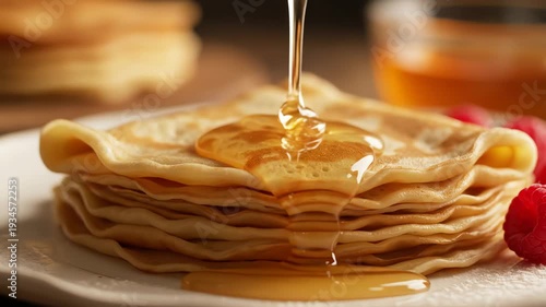 Stack of pancakes with dripping honey culinary still life