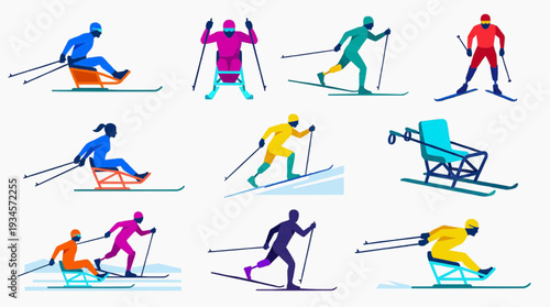 Paralympic icon set featuring adaptive athlete in cross country skiing with prosthetic, para sports equipment in action