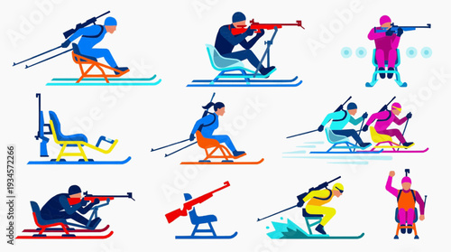 Paralympic icon set featuring adaptive athlete in biathlon, skiing, and rifle shooting with prosthetic, showcasing para sports in action