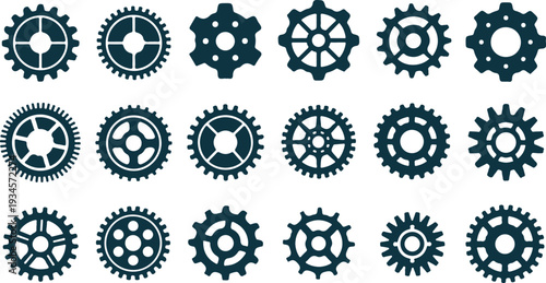 Vector art of collection of various gear icons in dark blue color