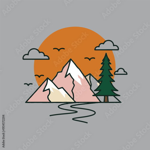 Minimalist illustration of mountains a tree and a setting sun