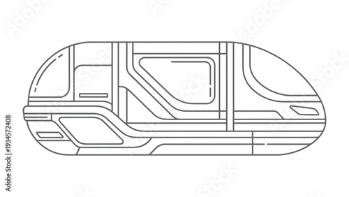 Futuristic Pod Transport: A streamlined outline of a pod suggests rapid, modern transit and innovative cityscapes.