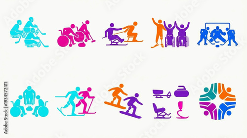 Paralympic icon set featuring team sports like ice hockey, biathlon, alpine skiing, snowboard, wheelchair curling, and cross country skiing, showcasing para athletes with prosthetic limbs in action