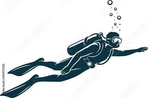 Vector art of scuba diver swimming underwater with bubbles