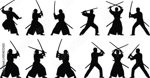 Samurai warrior silhouette collection with katana fighting poses, kendo training stances, martial arts action set, perfect for combat illustration projects