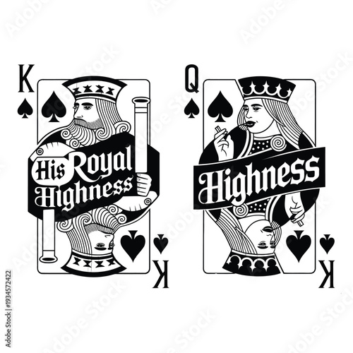 Playing cards depicting the king and queen of spades in black and white