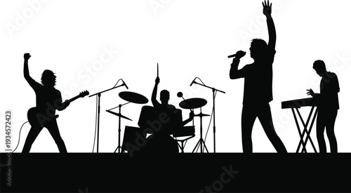 Rock band silhouette performing live concert on stage with singer guitarist drummer keyboardist music performance illustration black white vector poster