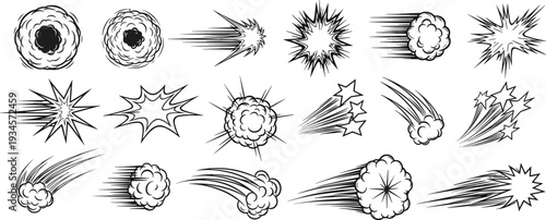 Comic Explosion and Speed Burst Effects Set with Smoke Clouds and Star Shapes Vector Illustration Collection