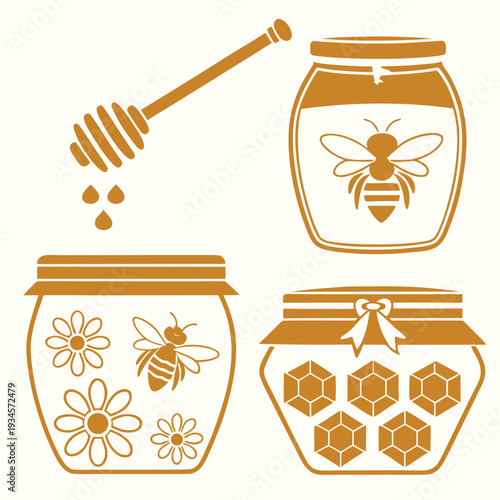 Golden honey jars with bee honeycomb and floral motifs and honey dipper with dripping liquid vector art