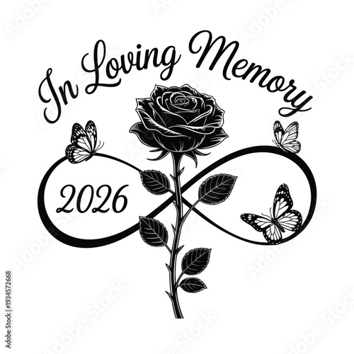 In loving memory graphic featuring a rose butterflies and an infinity symbol
